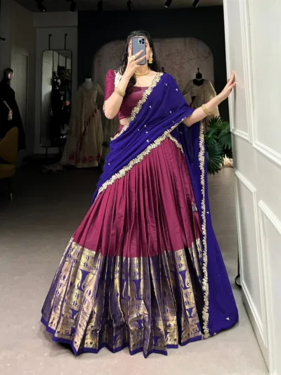 Mango Yellow with Magenta Pink Kanchipuram Silk Lehenga